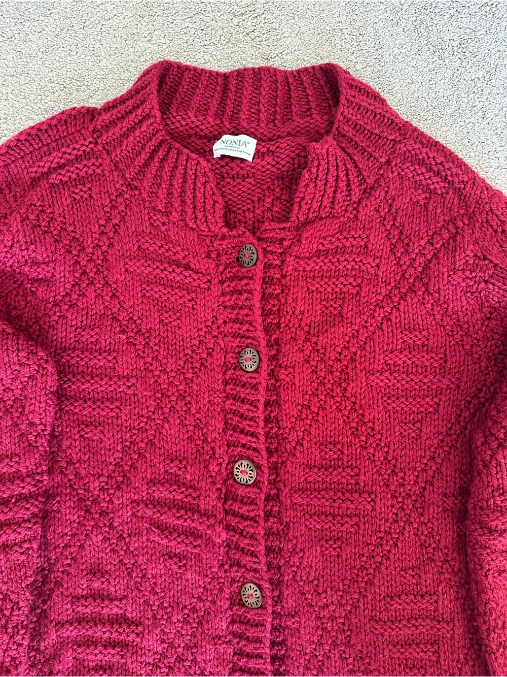 NONIA Vintage Hand Knit Wool Cardigan Sweater Raspberry Size Large** - Picture 4 of 14